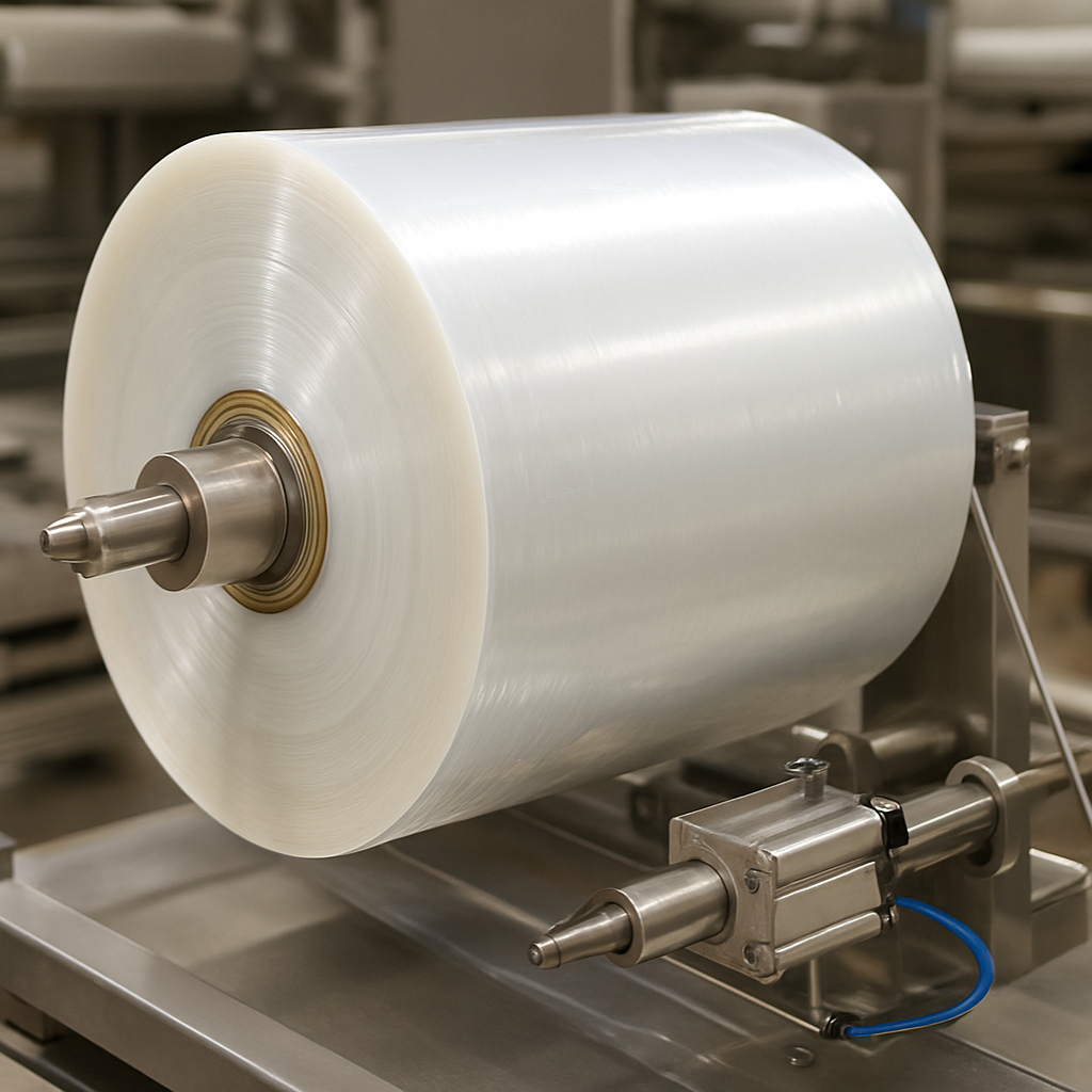 Pneumatic film spindle tensioner on a commercial bakery packaging line
