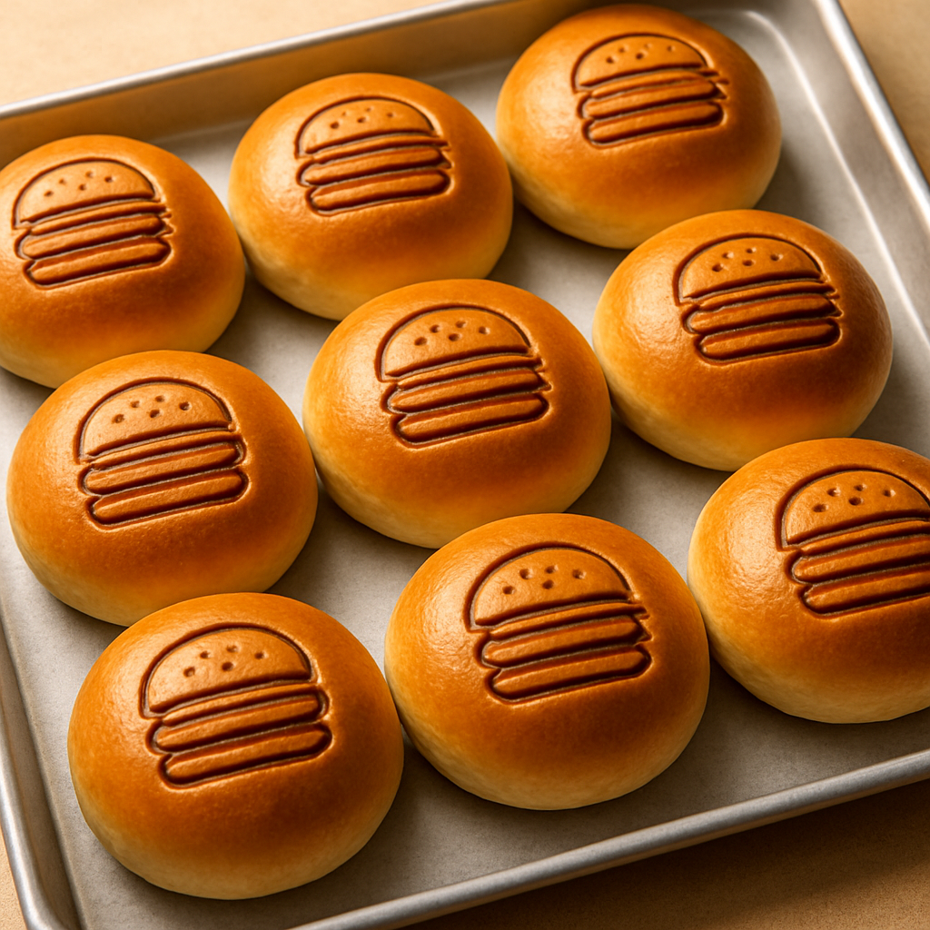 Golden baked buns with perfectly defined branded imprint baked into the crust