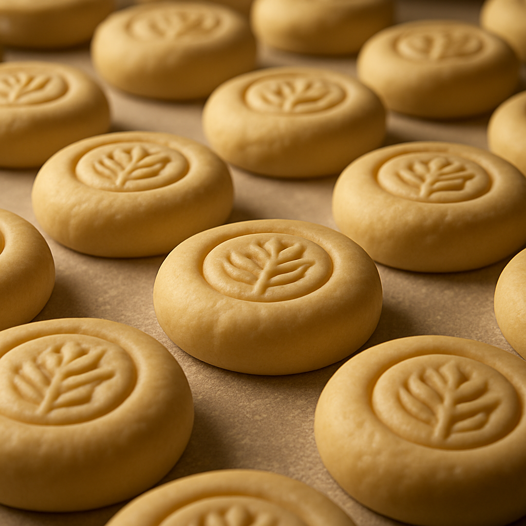 Dough pieces with crisp imprinted brand patterns before baking